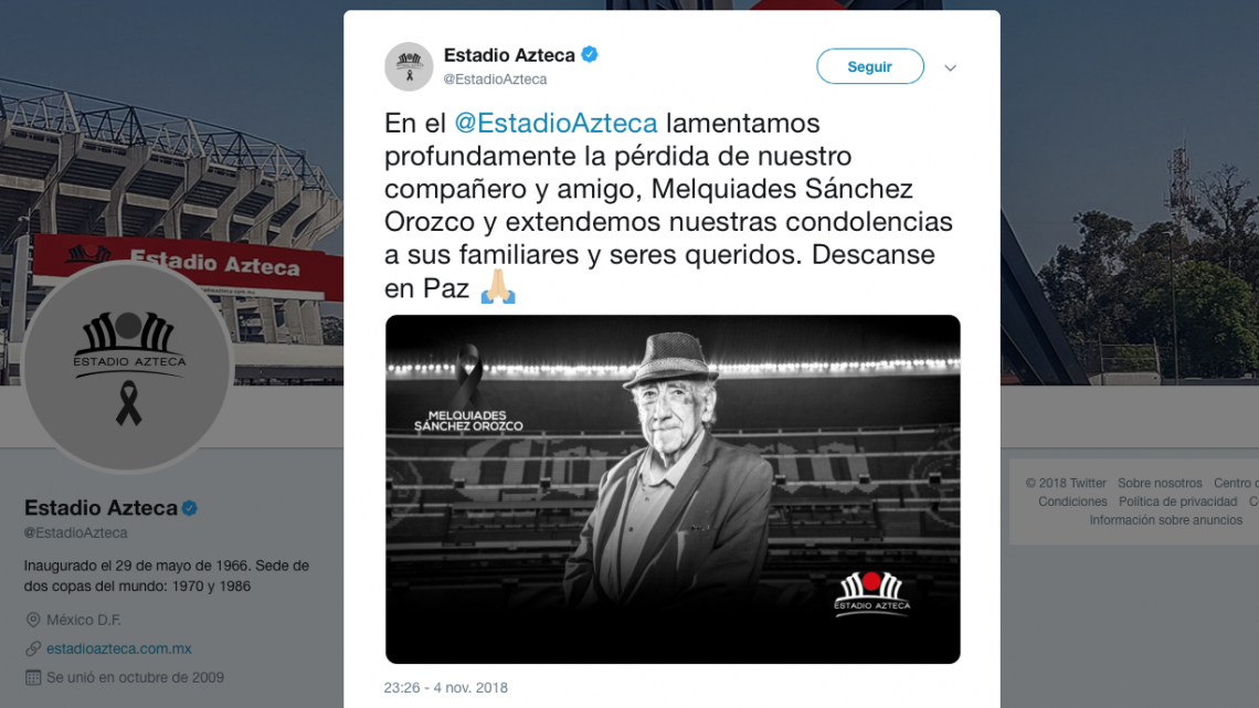Fallece a los 90 años Melquiades Sánchez "La voz del Estadio Azteca" 
