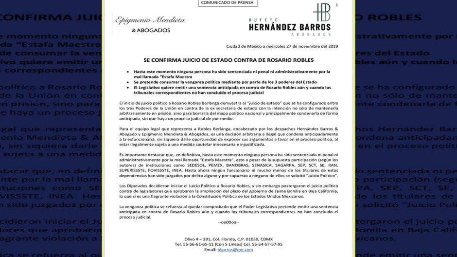 Abogados de Rosario Robles califican el proceso legal como  “Juicio de Estado”