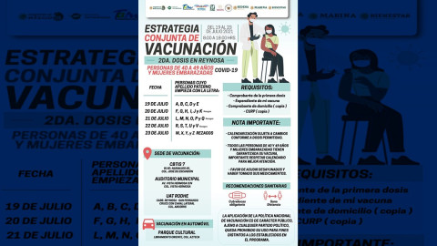 Aplicarán segunda dosis anti COVID-19 a personas de 40 a 49 y embarazadas 