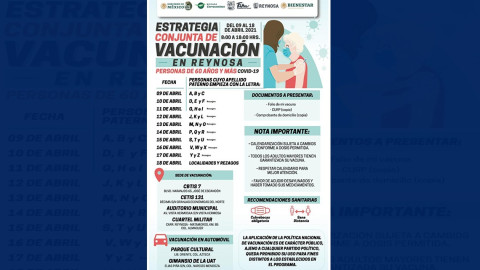 Próximo 9 de abril arranca vacunación contra el COVID-19 para adultos mayores en Reynosa