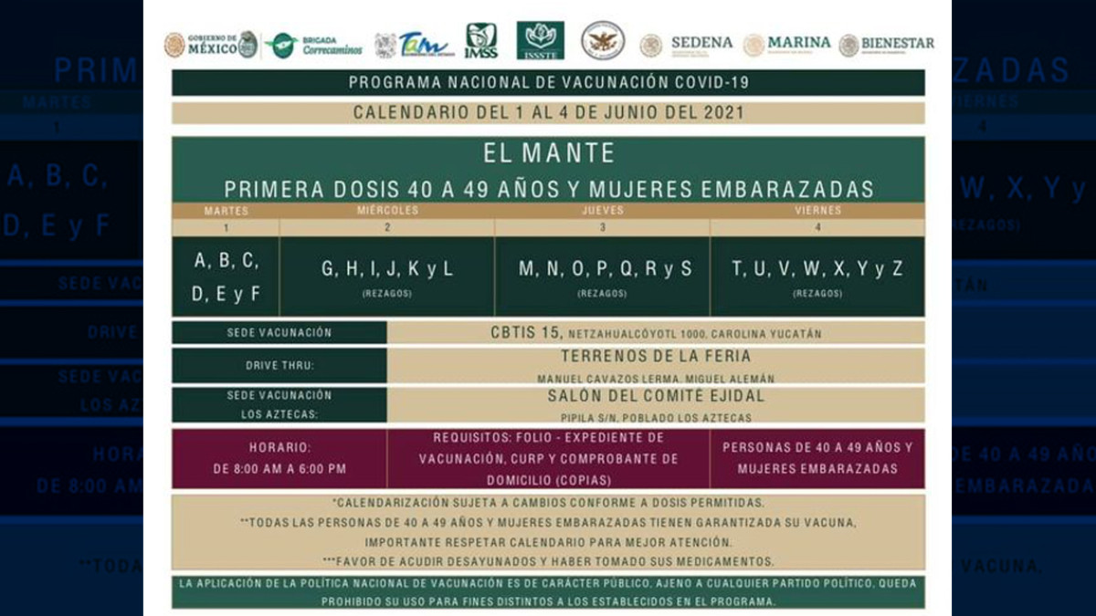 Mañana inicia vacunación a los de 40 y embarazadas contra Covid-19 en Mante 