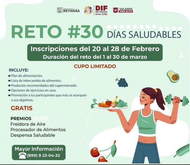 Invita DIF Reynosa a participar en el Reto 30 Días Saludables 