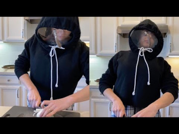 Mujer se protege la cara con una tapa de una olla para cortar cebolla