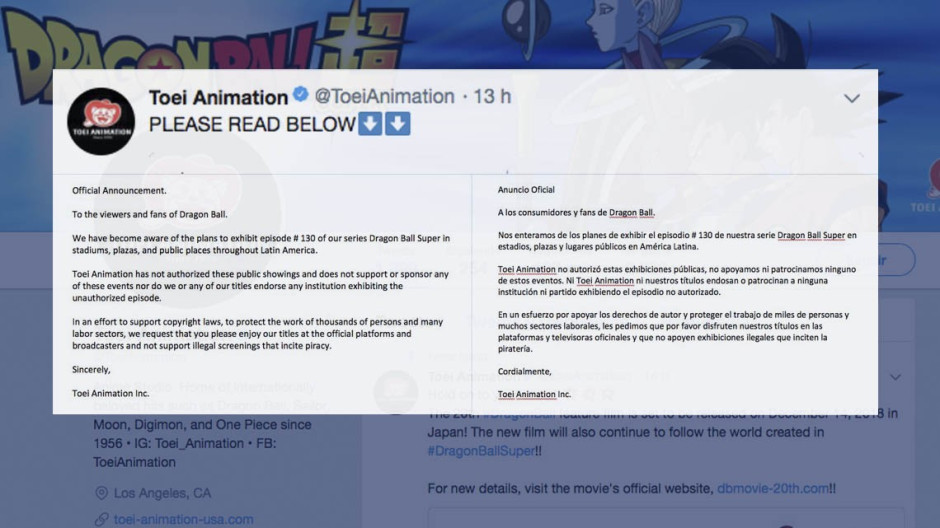 Toei Animation no autoriza transmisión de 'Dragon Ball Super' en plazas públicas