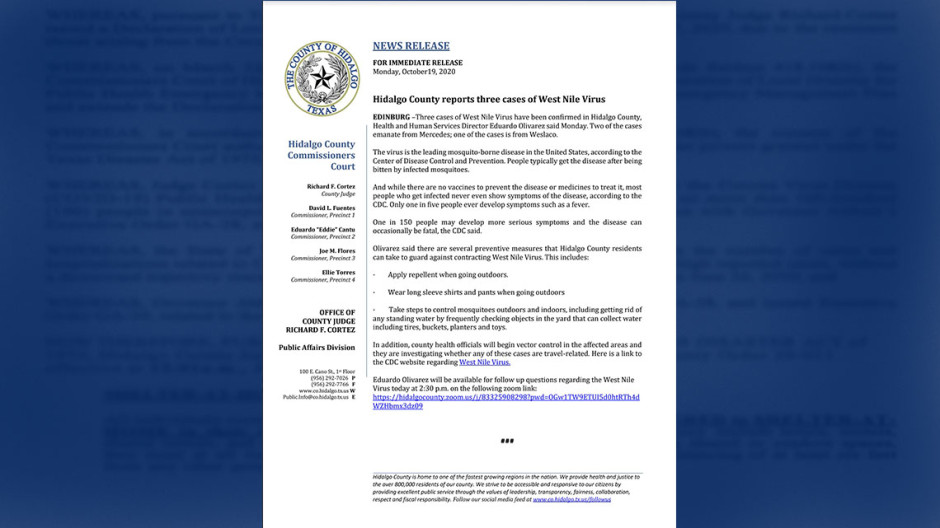 Condado Hidalgo reporta 3 casos de Virus del Nilo Occidental 