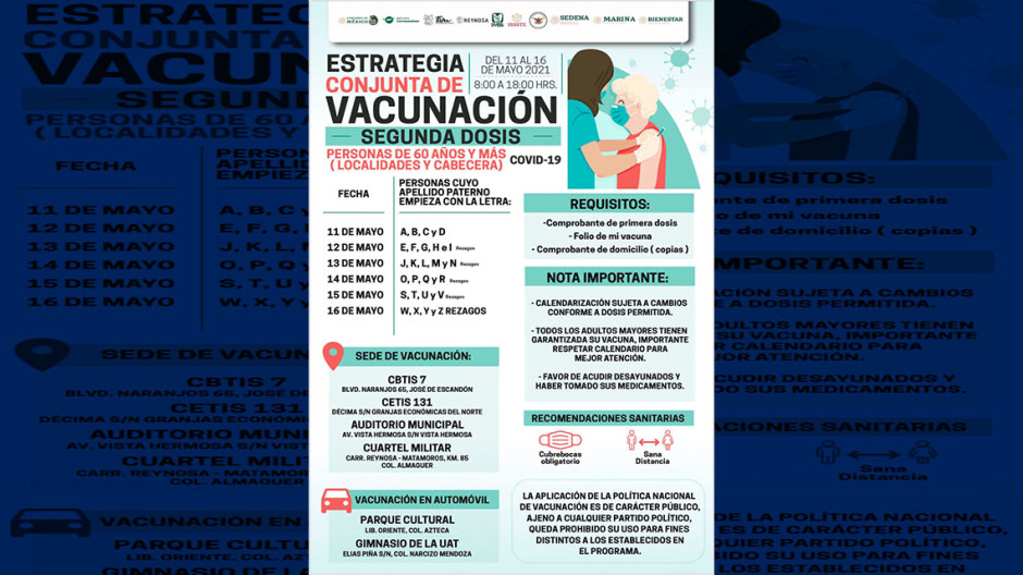 Invita Municipio a adultos mayores a recibir segunda dosis anti COVID-19 