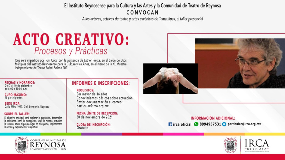 Impartirá IRCA taller Presencial Acto Creativo con personalidades de la actuación y dirección 