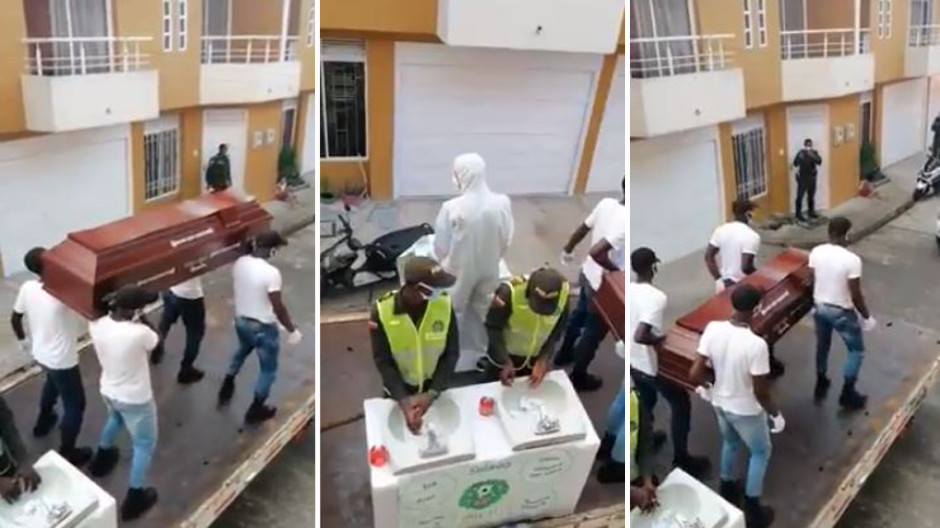 Policías colombianos concientizan a la población recreando el meme de los hombres bailando con un ataúd
