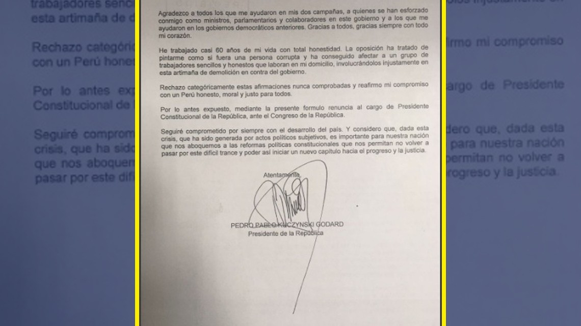 Presidente de Perú presenta su renuncia