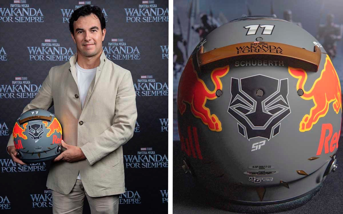 Sergio 'Checo" Pérez presenta el nuevo casco de Black Panther que usará en Brasil
