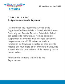Cancelación de eventos masivos en Reynosa