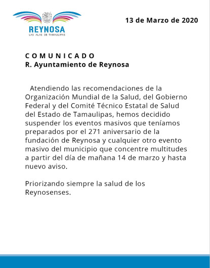 Cancelación de eventos masivos en Reynosa