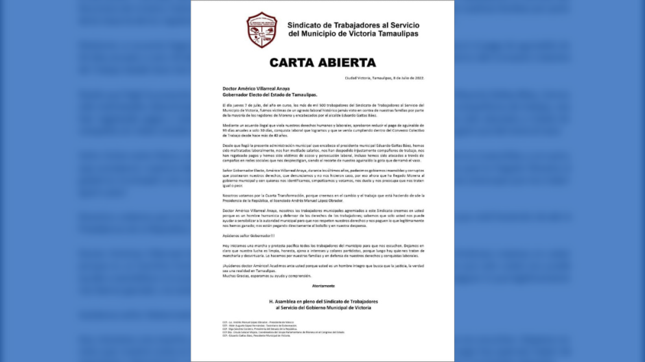 Sindicato del Ayuntamiento de Victoria pide ayuda a Américo Villarreal ante acoso laboral 