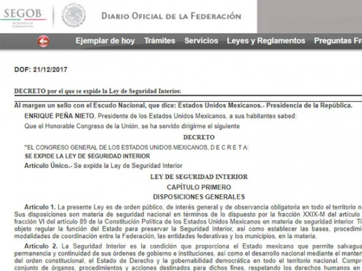 Publican decreto de Ley de Seguridad Interior