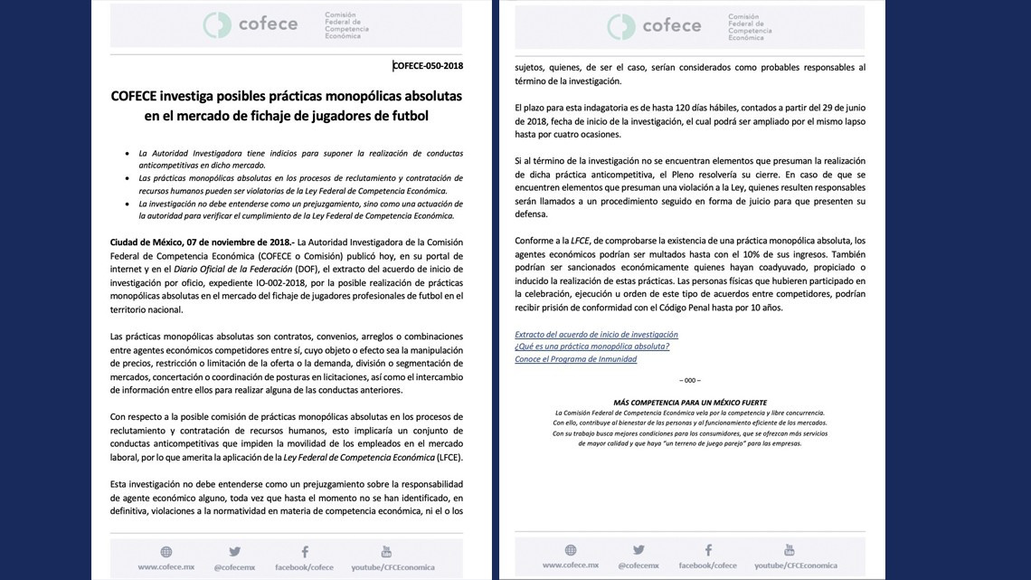 Cofece investiga posibles prácticas monopólicas en contratación de futbolistas en México 