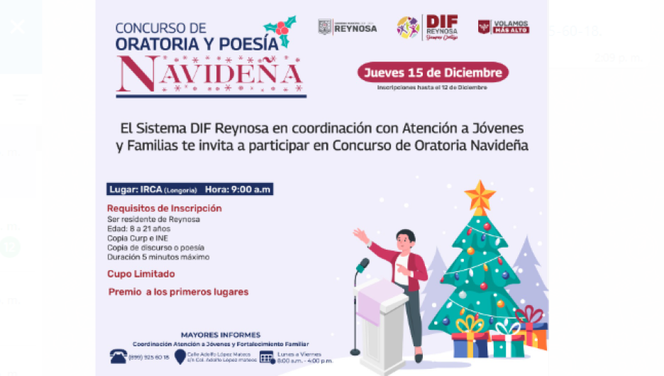 Realizará DIF  Reynosa concurso de Poesía y Oratoria Navideña 