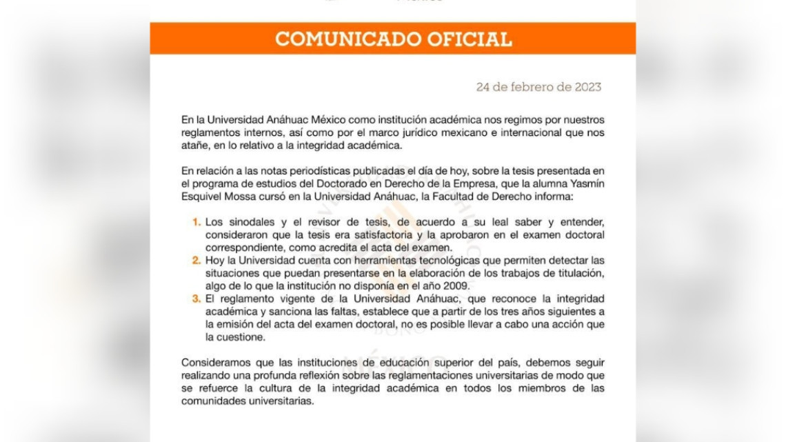 Universidad Anáhuac niega facultad sobre plagio de tesis doctoral de Yasmín Esquivel; comunidad estudiantil inconforme