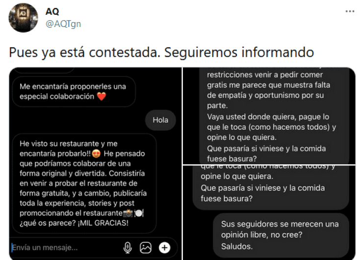 Critican a ‘influencer’ por pedir comida gratis a cambio de reseña