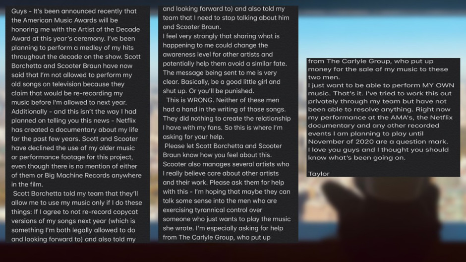 Taylor Swift denuncia que Braun y Borchetta no la dejan cantar su música 