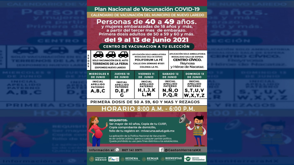 Nuevo Laredo vacunará contra el COVID-19 a mayores de 40 a 49 años y rezagos