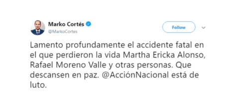 Envían condolencias por fallecimiento de gobernadora de Puebla y su esposo