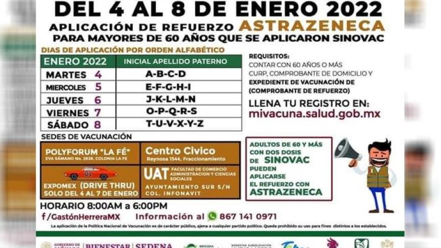 Del 4 al 8 de enero del 2022 se aplicar&aacute; el refuerzo contra el coronavirus a los adultos mayores en Nuevo Laredo