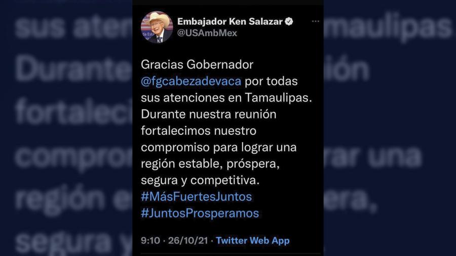 Embajador de Estados Unidos agradece al Gobernador de Tamaulipas tras reunión de trabajo