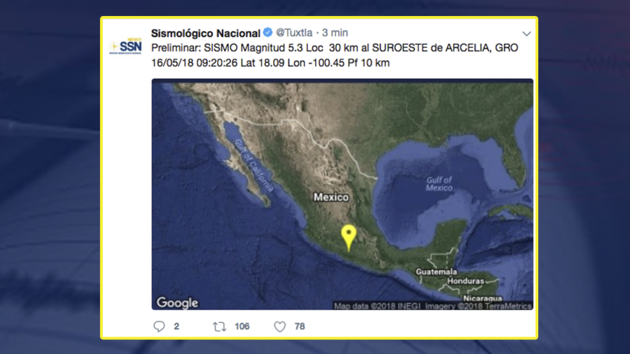 Se registra sismo de magnitud 5.3 en Arcelia, Guerrero
