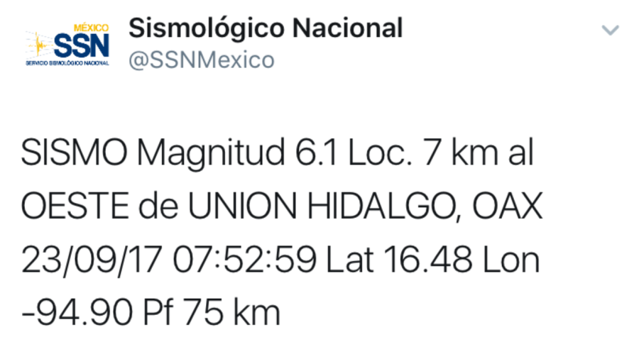Nuevo temblor de 6.1 grados con epicentro en Hidalgo, Oaxaca