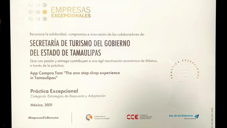 Secretaría de Turismo del Gobierno de Tamaulipas recibe el “Reconocimiento Empresas Excepcionales”