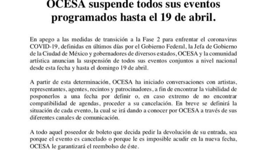 OCESA anuncia suspensión de eventos programados hasta el 19 de abril 