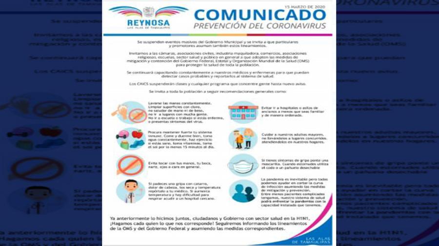 Recomienda Gobierno de Reynosa seguir medidas preventivas para evitar contagios por coronavirus 
