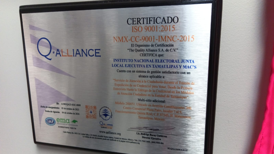Módulo del INE Matamoros, obtiene certificación internacional ISO 9001:2015