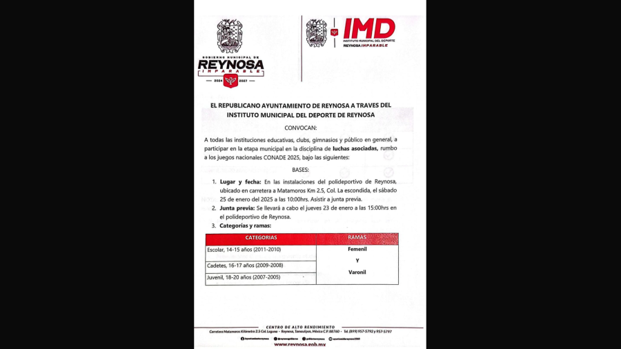 Recordatorio al Torneo Municipal de Lucha en el Polideportivo Reynosa
