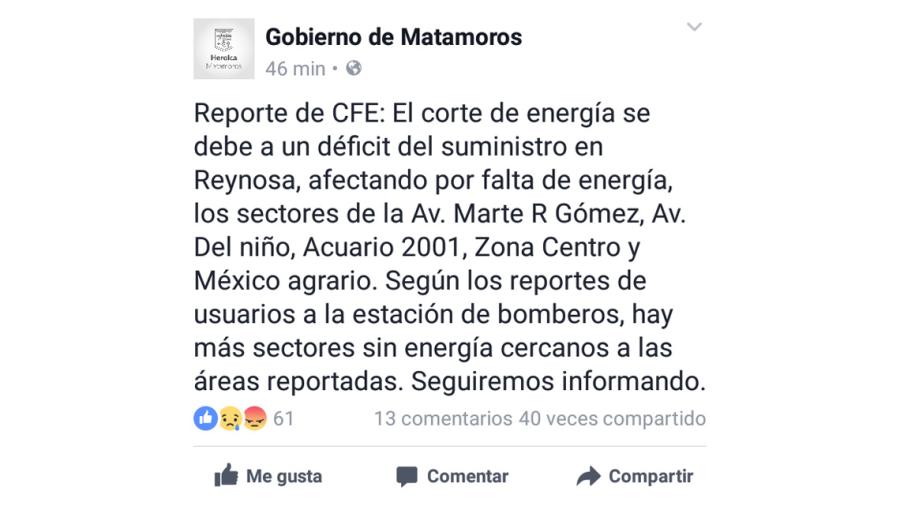Gobierno de Matamoros da a conocer sectores sin energía