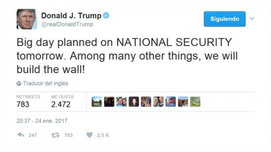 Trump anuncia en Twitter que dará inicio el muro