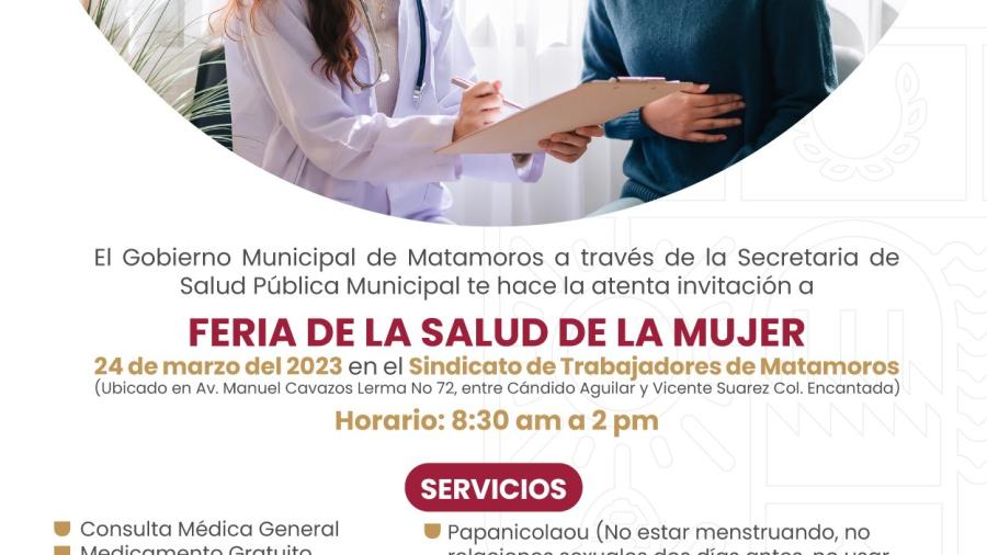 Invita Gobierno de Matamoros a Feria de la Salud  de la Mujer; servicios médicos serán gratuitos