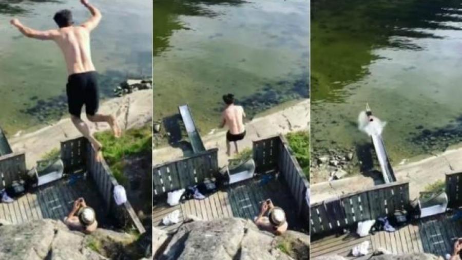 Sujeto se lanza de roca a tobogán 