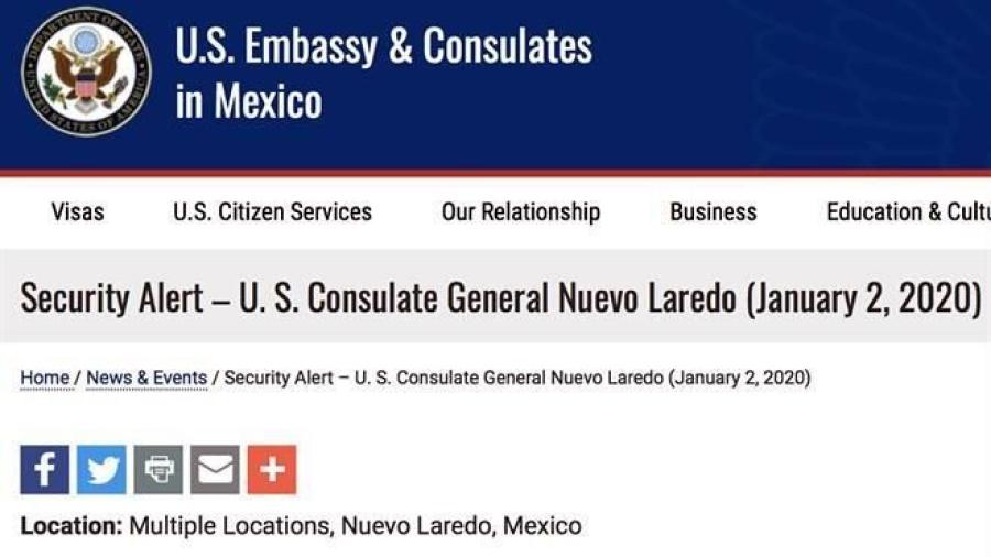 Emite EU alerta a connacionales en Nuevo Laredo