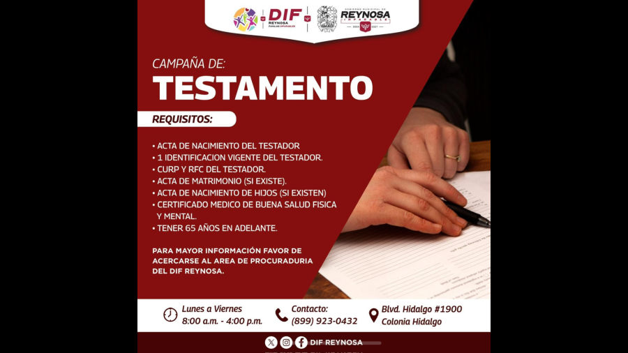 Impulsan DIF-Reynosa y Voluntariado campaña de Testamento para proteger el patrimonio familiar