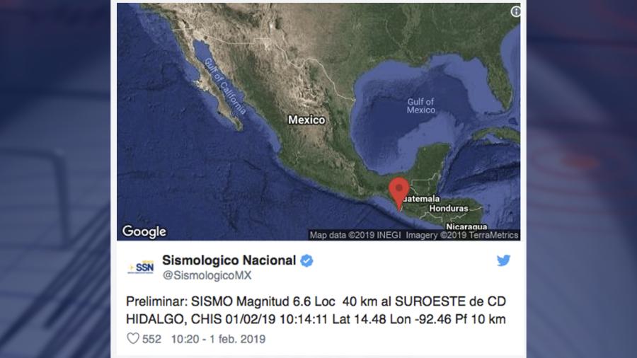 Se registra sismo de magnitud 6.6 al suroeste de Chiapas