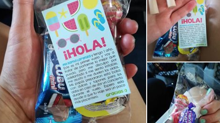 Regalan dulces y tapones de oído por primer viaje en avión de su bebé