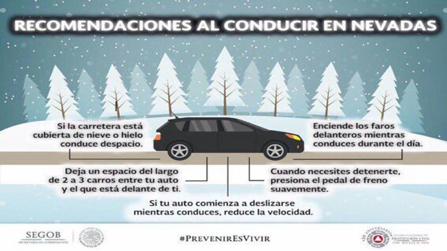 Emiten recomendaciones para conducir en nevadas