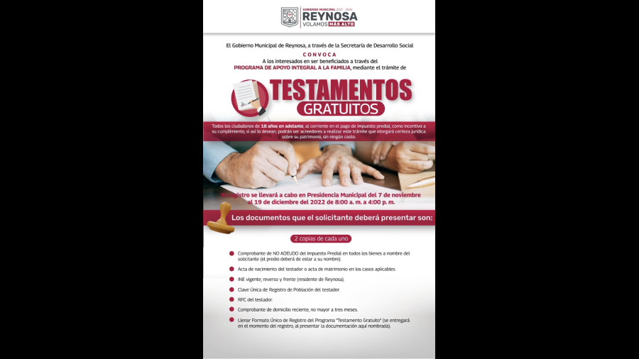 Últimos días de Testamentos Gratuitos del Gobierno de Reynosa