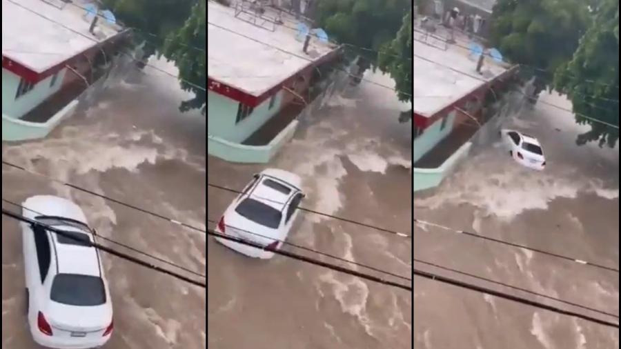 Auto es arrastrado por la corriente de agua en Culiacán, Sinaloa