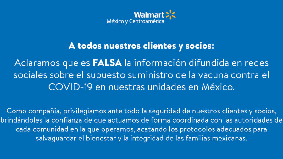 Desmiente Walmart venta de vacunas contra el COVID-19 en México
