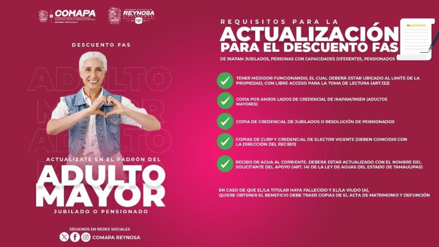 Invita COMAPA a actualizar el padrón para el descuento FAS a adultos mayores, jubilados y pensionados
