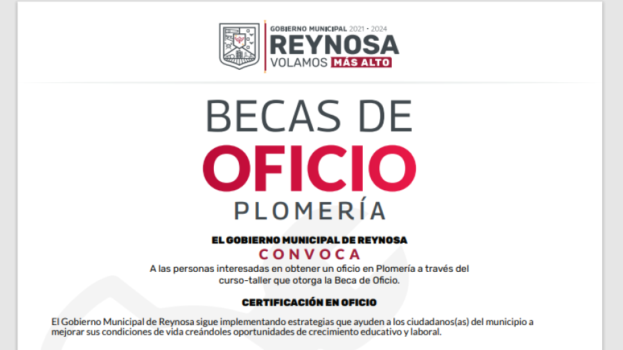 Convoca Gobierno de Reynosa a Becas de Oficio en Plomeria 