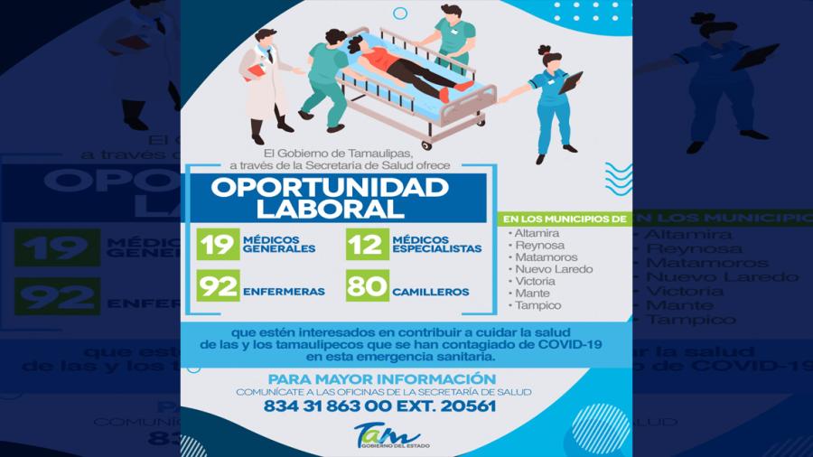 Gobierno de Tamaulipas lanza convocatoria para contratar personal de salud para atender en hospitales COVID 