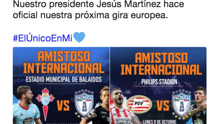 Pachuca presenta gira por Europa; PSV donará taquilla a MX
